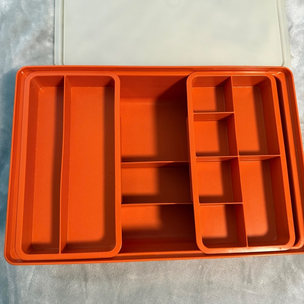 Vintage Tuppercraft Organizer Box Orange‎ w/ Trays & Lid Made in USA